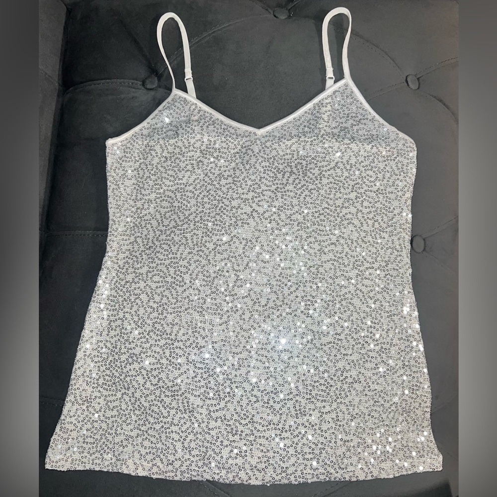 2000s White silver sequin express tank top size s